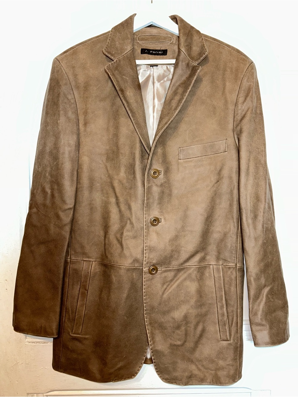 J. Ferrar Tan Brown Leather Three Button Blazer Sport Coat Jacket